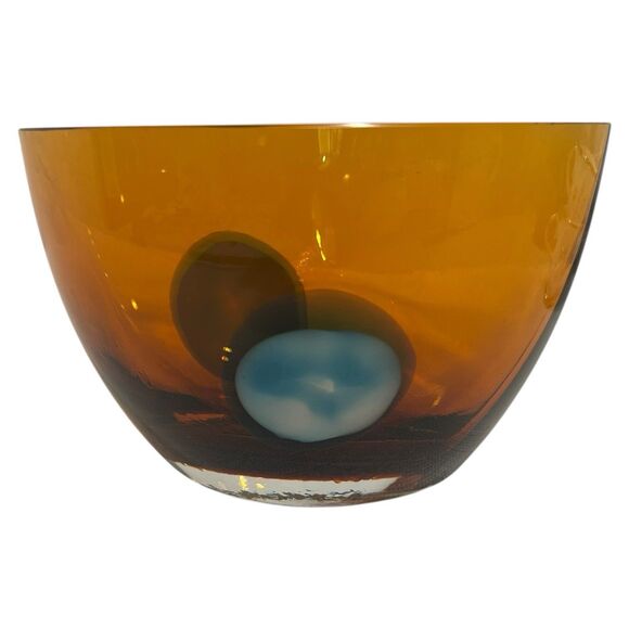 Waterford Evolution Amber Glass Bowl Blue Swirl Signed 6"x8" Luxe Decor - Picture 2 of 10